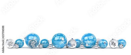 Blue and silver christmas baubles isolated 3D rendering