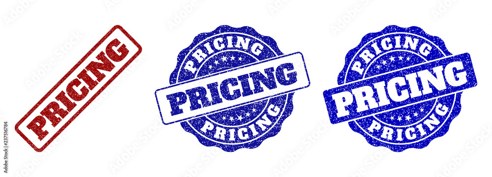 PRICING grunge stamp seals in red and blue colors. Vector PRICING labels with grainy style. Graphic elements are rounded rectangles, rosettes, circles and text labels. PRICING grunge stamp seals in red and blue colors. Vector PRICING labels with grainy style. Graphic elements are rounded rectangles, rosettes, circles and text labels.