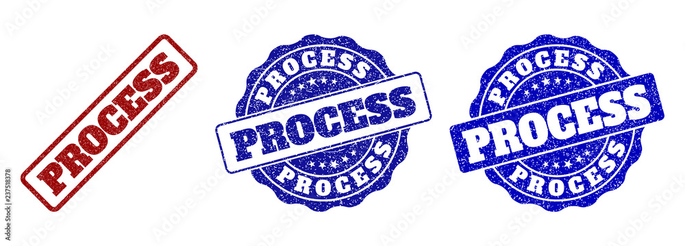 PROCESS grunge stamp seals in red and blue colors. Vector PROCESS labels with grainy effect. Graphic elements are rounded rectangles, rosettes, circles and text labels. PROCESS grunge stamp seals in red and blue colors. Vector PROCESS labels with grainy effect. Graphic elements are rounded rectangles, rosettes, circles and text labels.