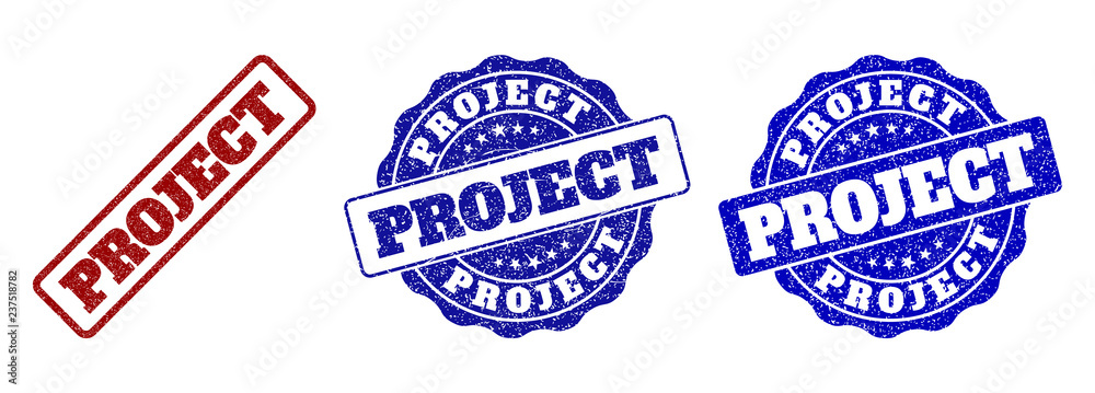 PROJECT grunge stamp seals in red and blue colors. Vector PROJECT imprints with distress surface. Graphic elements are rounded rectangles, rosettes, circles and text tags. PROJECT grunge stamp seals in red and blue colors. Vector PROJECT imprints with distress surface. Graphic elements are rounded rectangles, rosettes, circles and text tags.