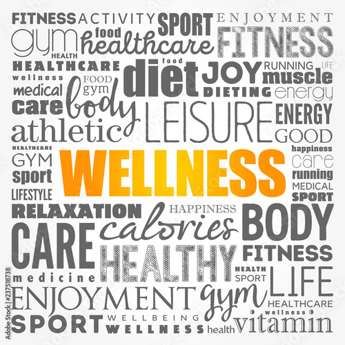 Wellness word cloud collage, health concept background