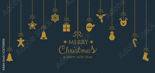 Christmas greeting card with hanging decorations and greetings. Vector.