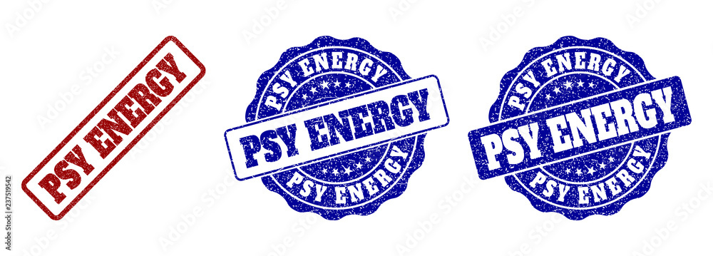 PSY ENERGY grunge stamp seals in red and blue colors. Vector PSY ENERGY labels with grunge texture. Graphic elements are rounded rectangles, rosettes, circles and text tags.