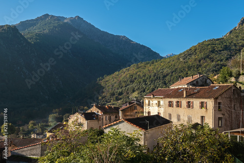 View of the outskirts of the Corsican city Corte and the Tavignano River valley, France
