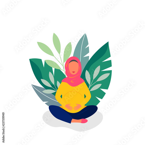 Pregnancy. Vector illustration of muslim woman expecting baby, pregnant lady