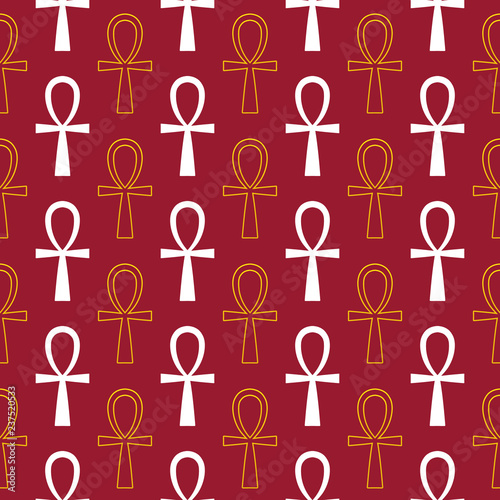 Golden and white ancient egyptian ankh signs  symbols on red seamless pattern background.