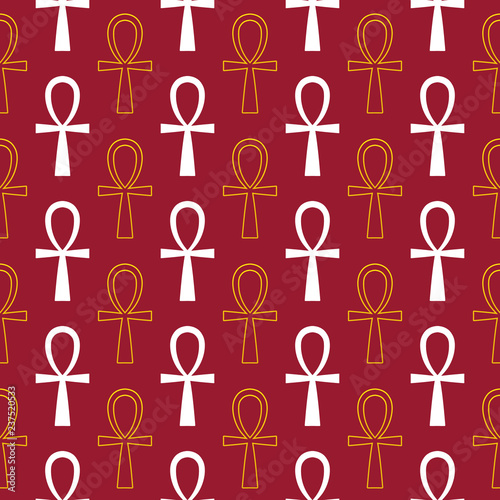 Golden and white ancient egyptian ankh signs, symbols on red seamless pattern background.