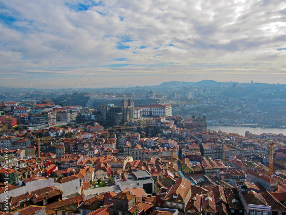 Aerial panoramic view of Porto with red tiled rooftops Porto Cathedral (Se do Porto) in Portugal, Travel destination in Europe