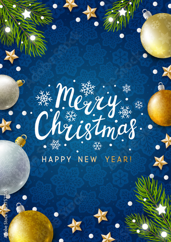 Christmas greeting card with holiday decor on red background