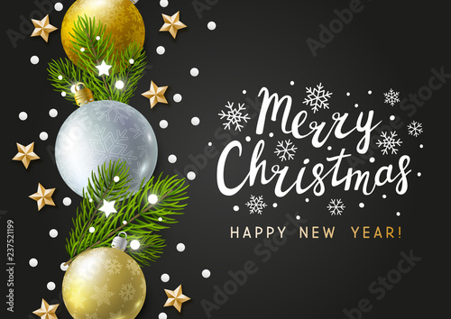 Christmas greeting card with holiday decor on dark background