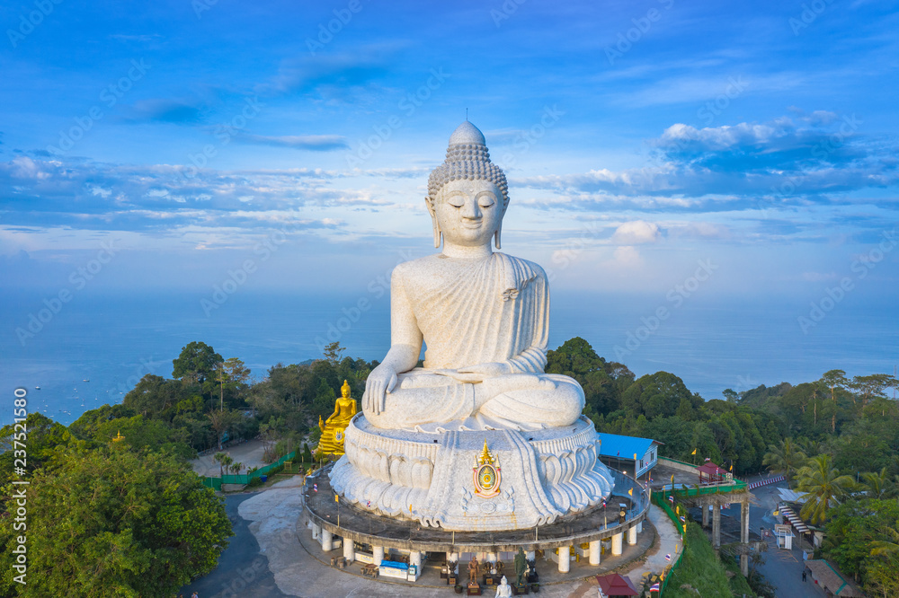 Obraz premium areial photography Phuket big Buddha in blue sky. .Phuket Big Buddha is one of the Phuket island most important and revered landmarks on Phuket island..