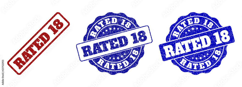 RATED 18 grunge stamp seals in red and blue colors. Vector RATED 18 watermarks with grunge style. Graphic elements are rounded rectangles, rosettes, circles and text captions. RATED 18 grunge stamp seals in red and blue colors. Vector RATED 18 watermarks with grunge style. Graphic elements are rounded rectangles, rosettes, circles and text captions.