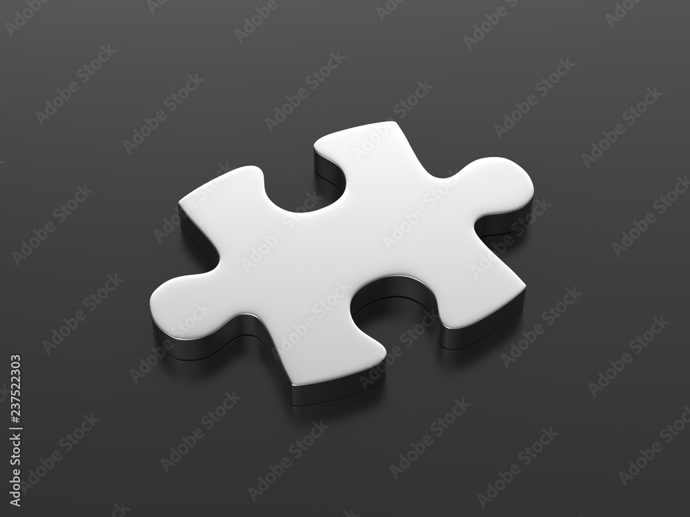 Silver puzzle piece on isolated black background, 3d illustration Silver puzzle piece on isolated black background, 3d illustration