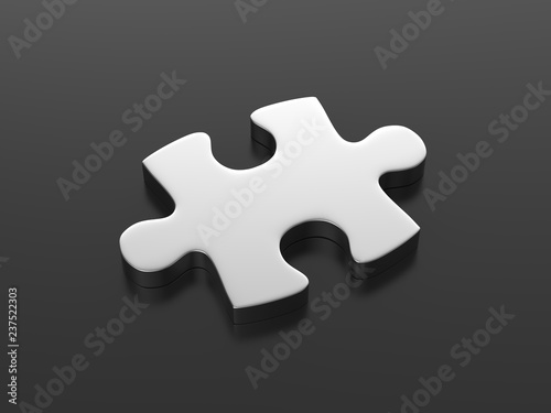 Silver puzzle piece on isolated black background, 3d illustration