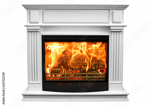 Burning white fireplace isolated on white background