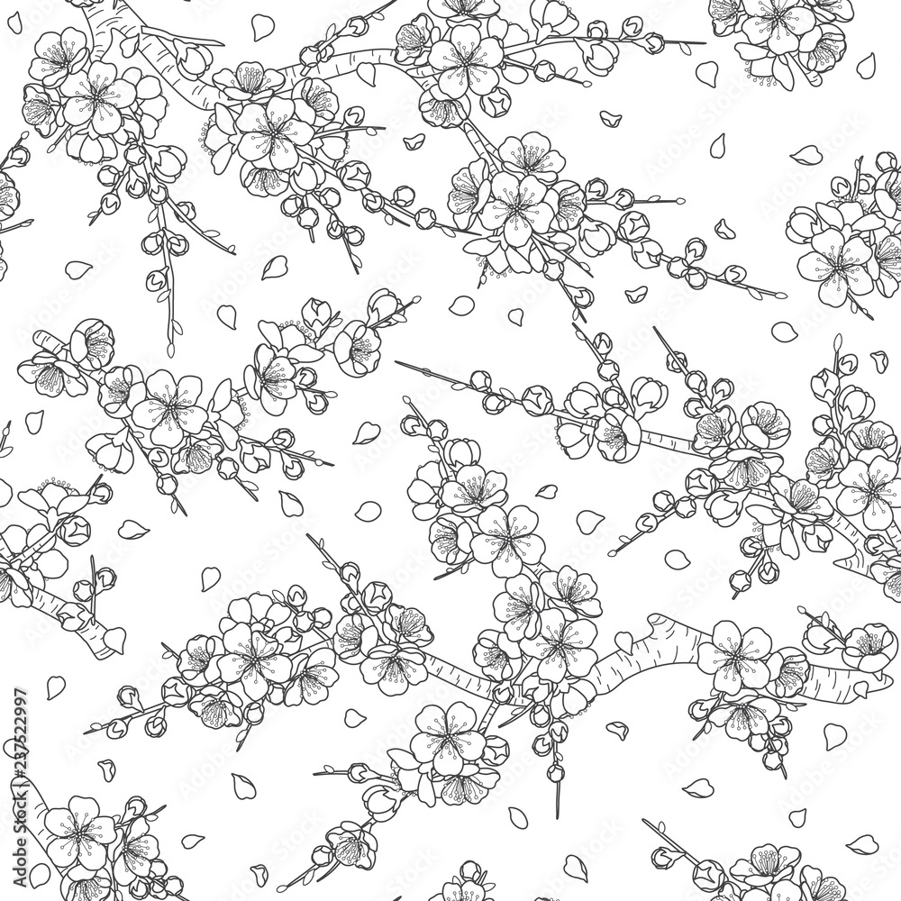 Black and White Seamless Pattern with Flowering Branches