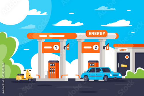 Flat gas station with shop, modern urban car, moped.