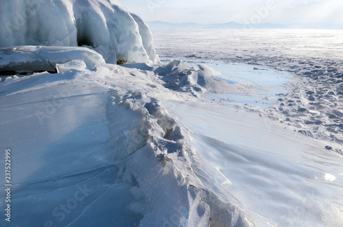 Ice blockes and hummocks on frozen lake Baikal