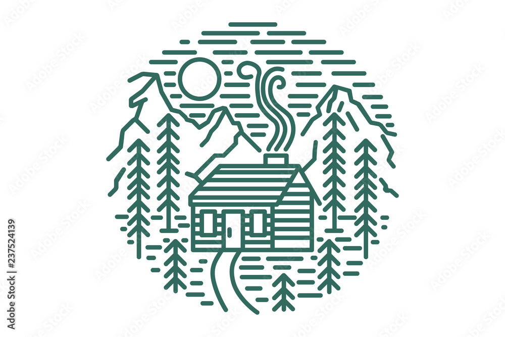 custom made wallpaper toronto digitalWooden cabin in the woods, hills and mountains. Linear illustration