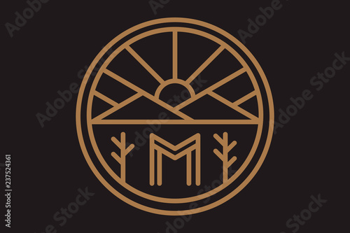 Logo with mountains, trees, sun and rays. Vector logo, badge scout.