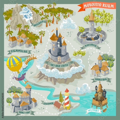 Fantasy land adventure map for cartography with colorful doodle hand draw in vector illustration photo