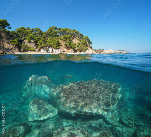 Spain Mediterranean cove with fisherman hut and fish with rock underwater sea, split view half above and below water surface, Cala del Crit, Palamos, Costa Brava photo