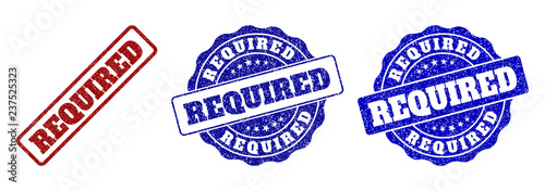 REQUIRED grunge stamp seals in red and blue colors. Vector REQUIRED overlays with grunge surface. Graphic elements are rounded rectangles, rosettes, circles and text captions.