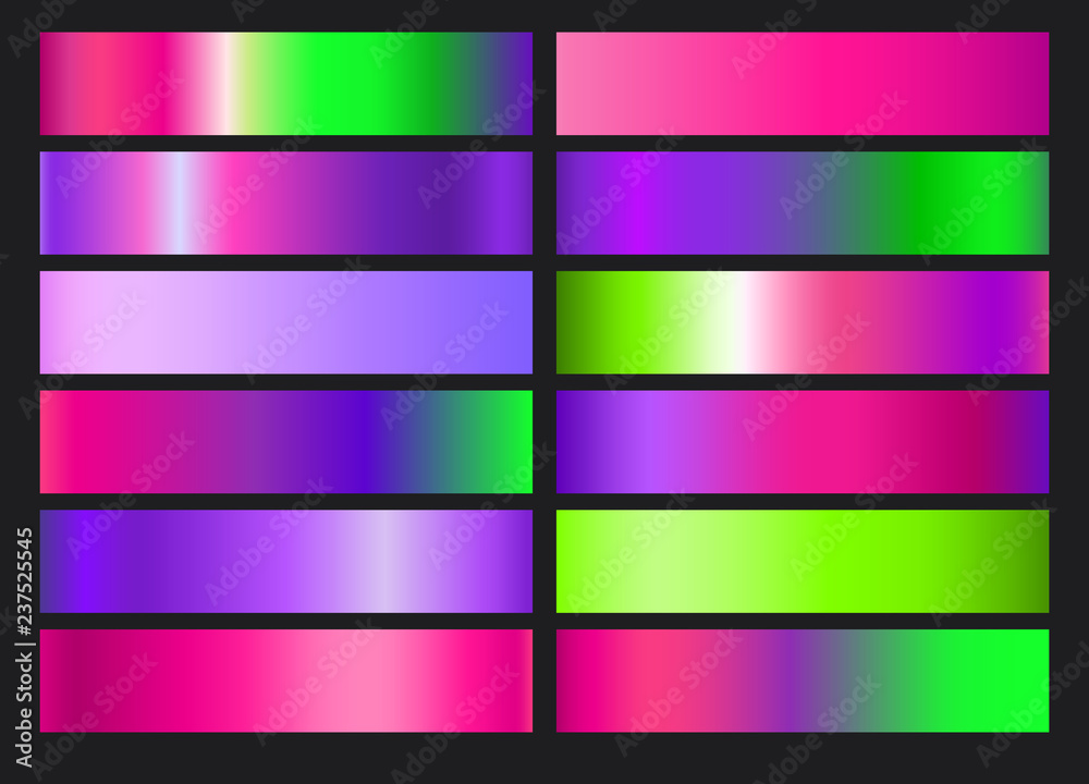 Fototapeta premium Neon UFO Green, Plastic Pink, and Proton Purple gradation background set. Vector bright, shiny and metalic gradient collection for border, frame, ribbon or label design.