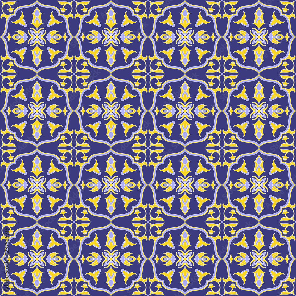 Spanish tile pattern vector with blue floral ornaments. Portuguese azulejos, mexican talavera, italian sicily majolica. Mosaic tiled background for kitchen wallpaper or bathroom flooring ceramic.