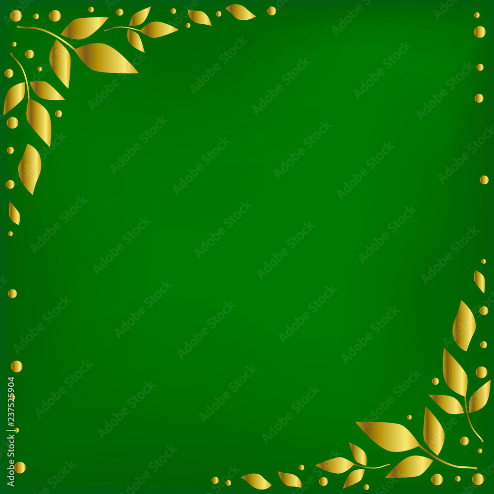 Green background stylized as green velvet with decorative edges with golden  leaves and dots for decoration, holiday, scrapbooking paper, wedding,  invitation, greeting card, text, gift tag Stock Vector | Adobe Stock