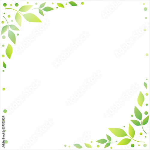 White background with decorative edges of green leaves and dots for decoration, holiday, scrapbooking paper, wedding, invitation, greeting card, text, gift tag, note paper, decoupage, poster, banner