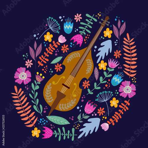 Isolated cello and Bright leaves and flowers on blue background. Hand drawing folk flat doodles vector