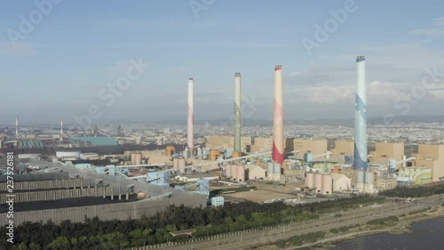Aerial drone view of coal thermal power plant, Taichung city, Taiwan, Asia.