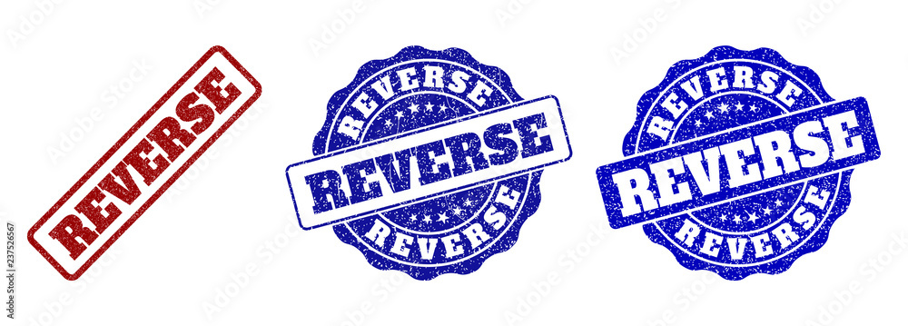 REVERSE grunge stamp seals in red and blue colors. Vector REVERSE labels with draft effect. Graphic elements are rounded rectangles, rosettes, circles and text tags. REVERSE grunge stamp seals in red and blue colors. Vector REVERSE labels with draft effect. Graphic elements are rounded rectangles, rosettes, circles and text tags.