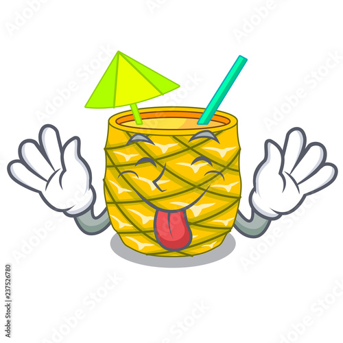 Tongue out bottles pineapple juice on cartoon table