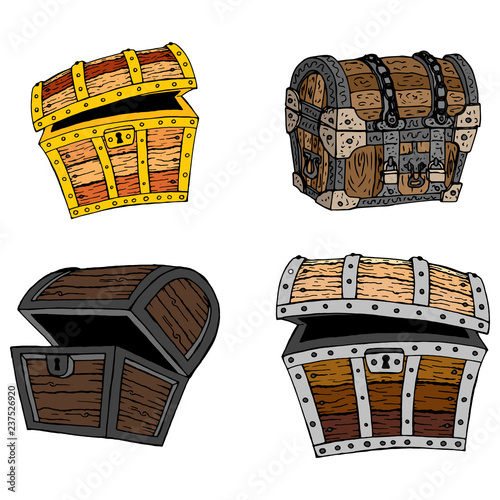 Set of chests icon. Vector illustration of an old wooden chest. Hand drawn set of pirate chests.