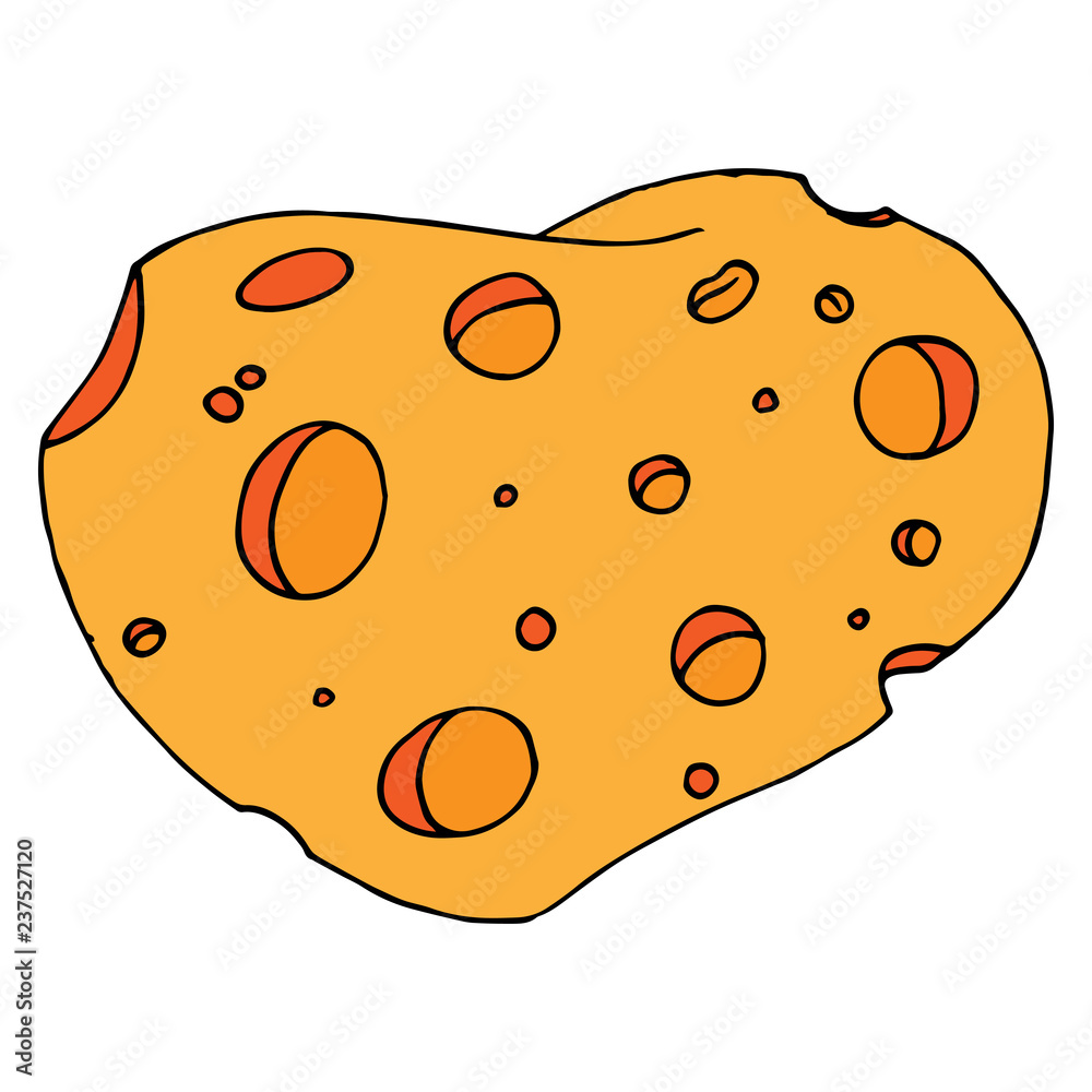 Obraz premium Piece of cheese with holes icon. Vector of cheese with big holes. Hand drawn cartoon piece of cheese.