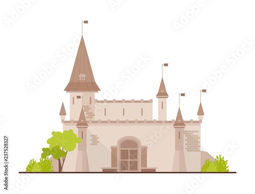 Romantic castle, fortress or stronghold with towers and gate isolated on white background. Facade of royal residence or medieval historical building. Flat cartoon colorful vector illustration.