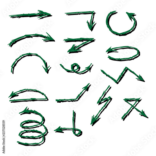 Set of arrows, pointers. Vector illustration set of green different arrows. Hand drawn arrows and pointers.