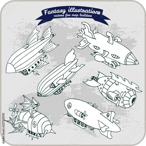 Fantasy illustration of Zeppelin for map building in hand draw vector format black and white, monochrome photo