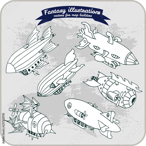 Fantasy illustration of Zeppelin for map building in hand draw vector format black and white, monochrome