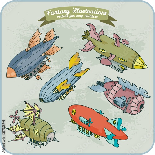 Fantasy illustration of Zeppelin for map building in hand draw vector format , colorful photo