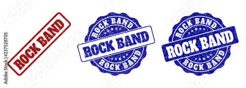 ROCK BAND grunge stamp seals in red and blue colors. Vector ROCK BAND labels with dirty texture. Graphic elements are rounded rectangles, rosettes, circles and text titles.