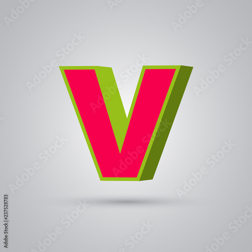 Watermelon 3D vector letter V uppercase. Red font with green border isolated on white background