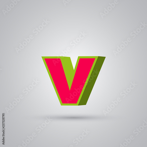 Watermelon 3D vector letter V lowercase. Red font with green border isolated on white background