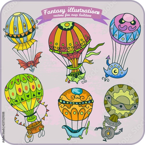 Fantasy illustration of Hot Air Balloon for map building in hand draw vector format, colorful photo