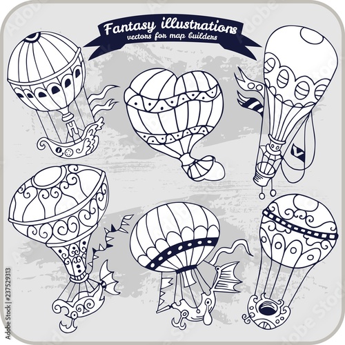 Fantasy illustration of Hot Air Balloon for map building in hand draw vector format, black and white, monochrome photo