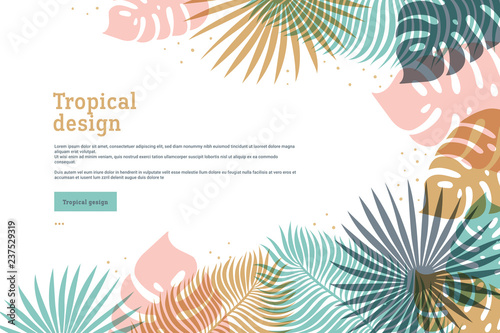 Horizontal tropical banner in pastel colors. Summer tropical design with exot...