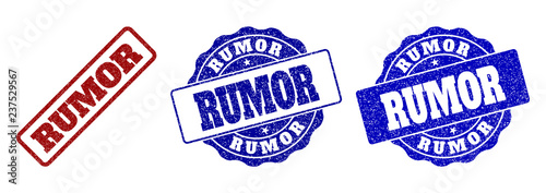 RUMOR grunge stamp seals in red and blue colors. Vector RUMOR overlays with grunge effect. Graphic elements are rounded rectangles, rosettes, circles and text titles.