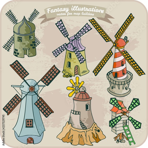 Fantasy illustration of Windmill for map building in hand draw vector format, colorful photo